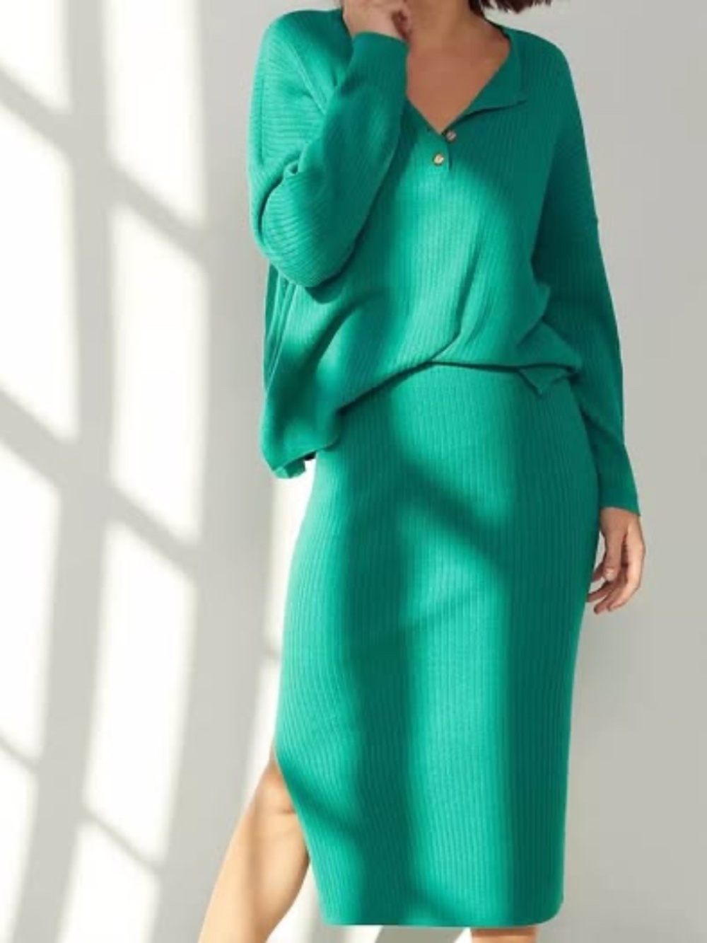 Anthropologie Teal Ribbed Sweater & Midi Skirt Set – Size M